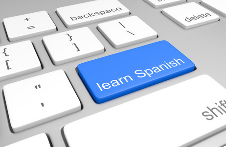 学习在线课堂上说话 阅读和写作的语言在计算机键盘上的西班牙关键