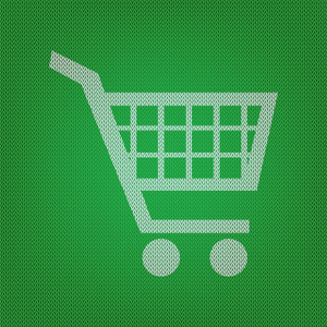 购物车标志。白色图标上的绿色针织或羊毛 c