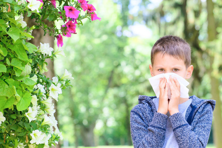 小男孩已经从花花粉过敏照片