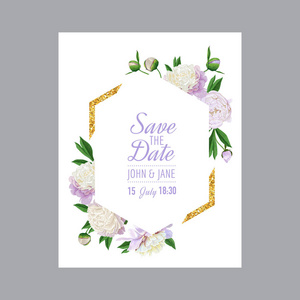 花卉婚礼请柬。保存日期卡与盛开的白色牡丹花和金色的框架。浪漫的植物设计仪式装饰。矢量插图