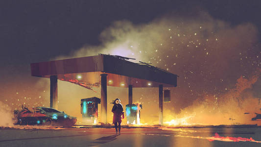 夜间燃烧加油站的现场, 数码艺术风格, 插画绘画