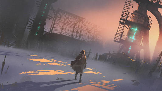 男子看着废弃的工厂在一个寒冷的冬天早晨, 数字艺术风格, 插图画