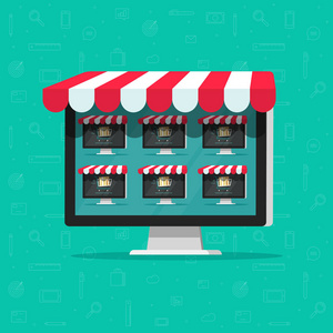 市场在线商店矢量插画, 平面卡通互联网供应商商店在计算机上与多家