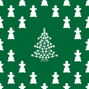 白色的雪人和圣诞树上绿色背景无缝模式
