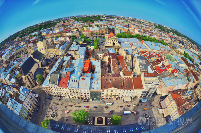 鱼眼镜头的城市利沃夫鸟类眼观.全景