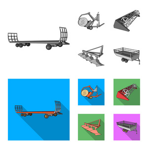 犁, 结合脱粒机, 拖车和其他农业设备。农业机械集合图标单色, 平面式矢量符号股票插画网