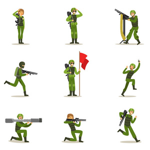 卡其色全军装带枪在战争操作集合的卡通地面部队步兵卡通人物 插画