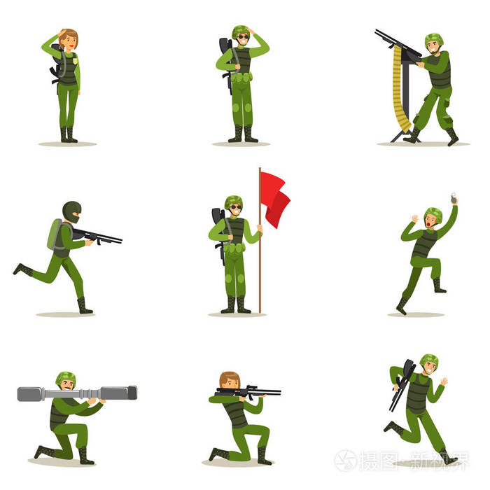 卡其色全军装带枪在战争操作集合的卡通地面部队步兵卡通人物插画 正版商用图片0gmonx 摄图新视界