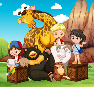 儿童和在外地的野生动物照片