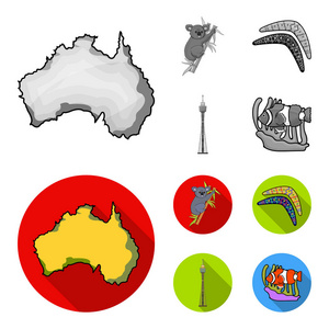 考拉在竹子, 回旋镖, 悉尼塔, 鱼小丑和铵。澳大利亚集合图标单色, 平面式矢量符号股票插画网站