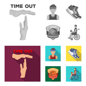 篮球和属性单色, 平面图标在集集合为设计。篮球运动员与设备矢量符号股票 web 插图