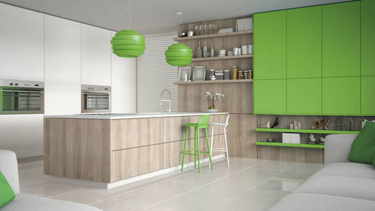 木制和绿色的细节，极小值的简约白色的厨房