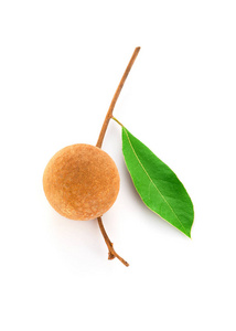 一个新鲜成熟的龙眼和绿叶枝照片