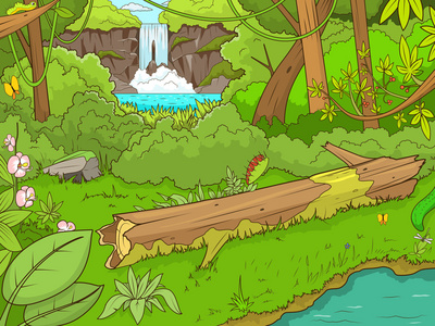 丛林森林与 waterfal 卡通矢量照片