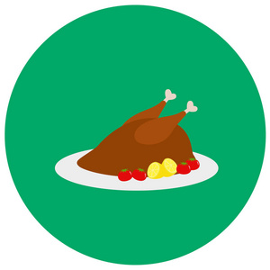 晚餐可爱图标在彩色背景上孤立的时尚平面样式的的烤的火鸡。您设计 logo，Ui 的的感恩节符号。矢量图，Eps10。平面样式