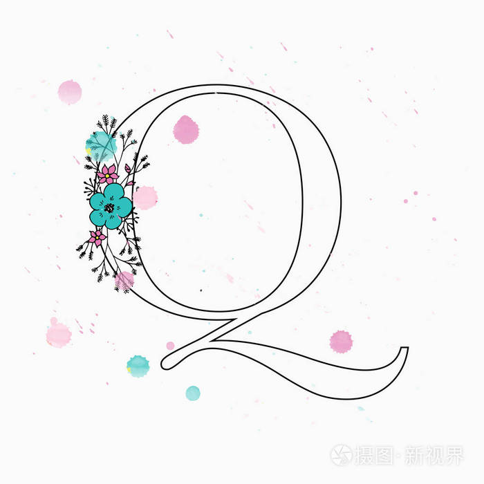 Q 字母。手绘花字母与水彩滴