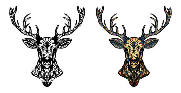 角的鹿成人反 zentangle 风格强调着色页部落的图腾龟狐狸图案的头