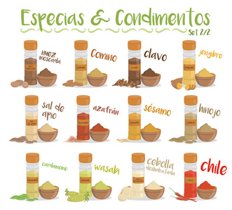 一整套 12 不同烹饪物种和调味品在卡通风格。设置 2 2。西班牙名字