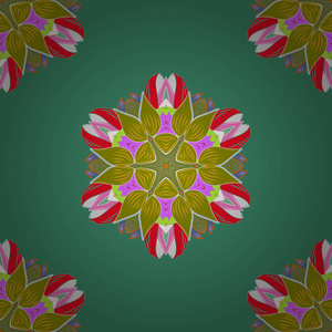 矢量花卉婚礼装饰元素。无缝图案米哈迪花花边布塔装饰项目的绿色, 红色, 中性, 黄色和粉红色的颜色