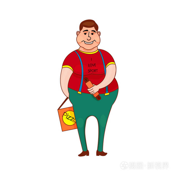 热狗和披萨一件t恤孤立的风格轮廓卡通人物的白色背景上的胖男孩