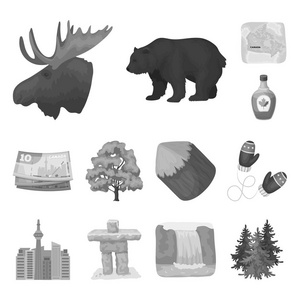 加拿大国家黑白图标集的设计集合。加拿大和地标性的矢量符号股票 web 插图