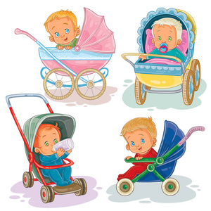 设置插图的小孩在一辆婴儿车和婴儿推车照片