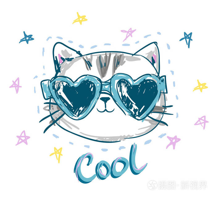 手画的猫带着太阳眼镜