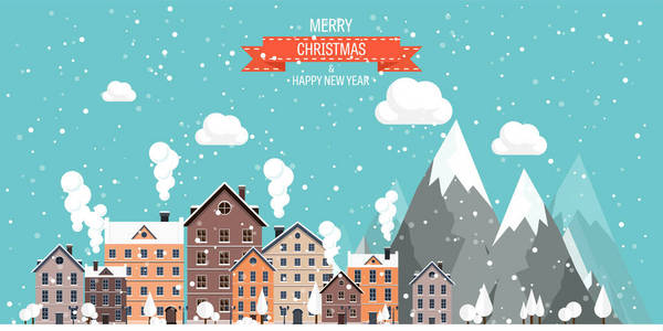 矢量图。冬天的城市景观。雪的城市。圣诞节和新年。城市景观。Buildings.Mountaines 性质