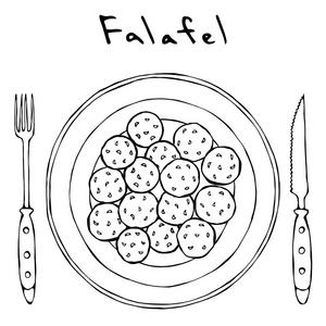 用叉子和小刀在盘子顶端的三明治上。中东菜。阿拉伯以色列素食健康快餐。犹太街头食物。实际手绘插图。Savoyar 涂鸦风格