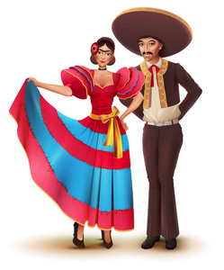 墨西哥民族传统服饰中的年轻女人和男人