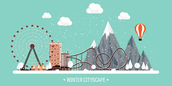 矢量图。冬天的城市景观。雪的城市。圣诞节和新年。城市景观。Buildings.Mountaines，自然。摩天轮公园