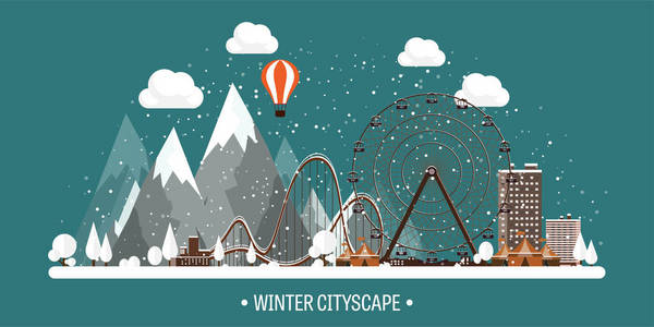 矢量图。冬天的城市景观。雪的城市。圣诞节和新年。城市景观。Buildings.Mountaines，自然。摩天轮公园