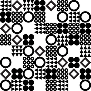 无缝抽象黑白图形瓷砖图案与正方形, 圆圈, 三角形和线条饰品.