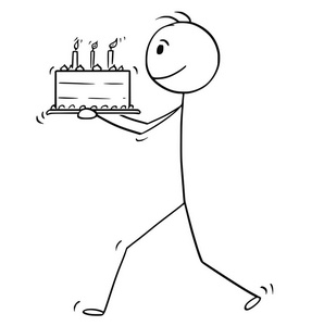 男人或商人的卡通与生日蛋糕散步