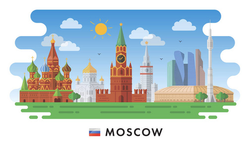 俄罗斯莫斯科红场, 教堂, 现代建筑和城市景观。矢量插图