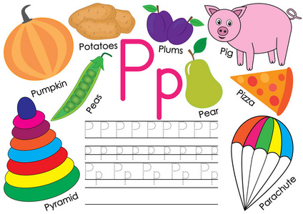 字母 p 英文字母表。儿童教育。使用图片编写练习