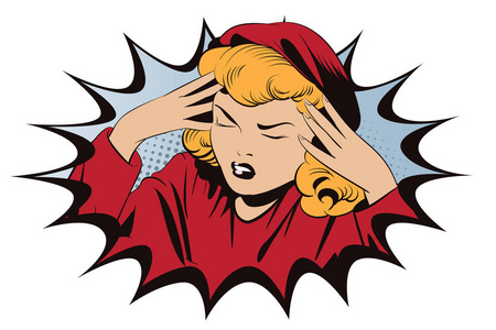 心烦意乱的女人抓住的手在她的头后面照片