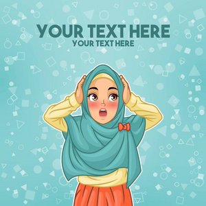 戴头巾面纱的年轻穆斯林妇女惊讶地拿着她的头, 卡通人物设计, 反对托斯卡背景, 矢量插图
