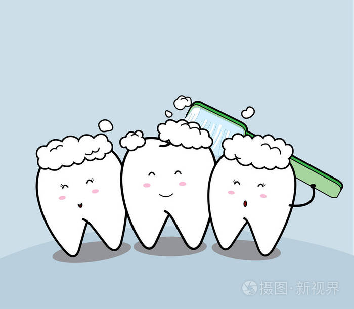 可爱的卡通微笑牙齿，刷牙