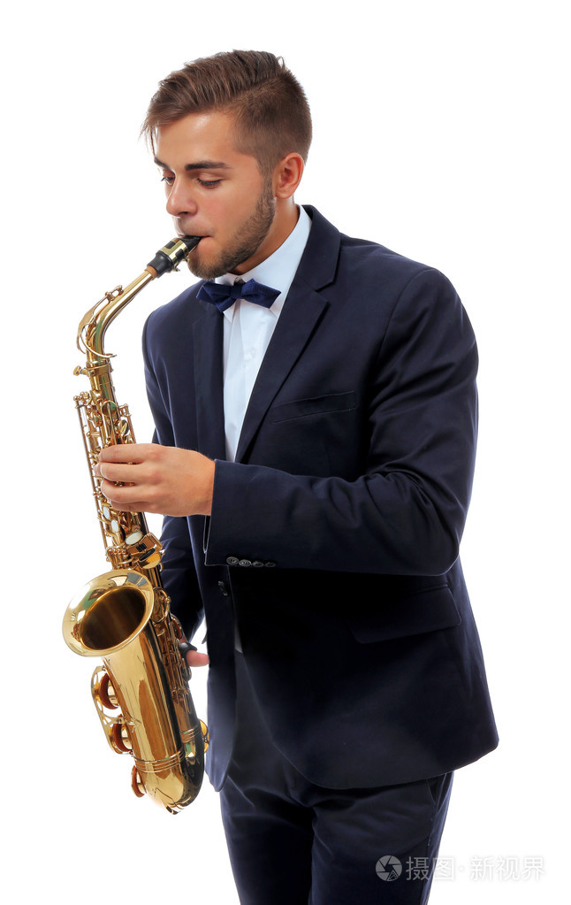 优雅快乐萨克斯萨克斯在白色背景上播放的音乐