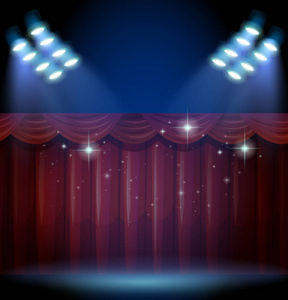 舞台剧背景红色的窗帘和许多灯舞台照片
