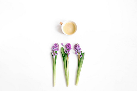 丁香风信子花和咖啡杯在白色背景。平躺, 顶部视图