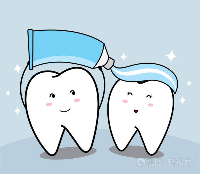 可爱的卡通微笑牙齿和牙膏