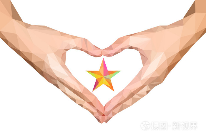 多边形双手合十与明星的离体的心脏里面