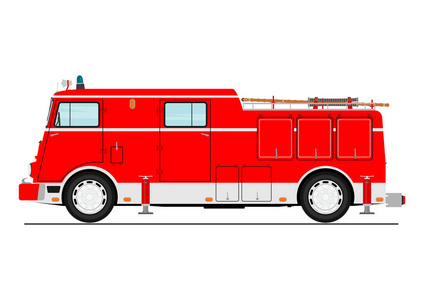 卡通经典消防车。侧面视图。平面矢量