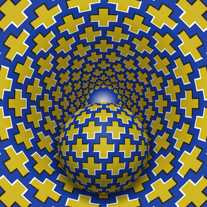 黄色的十字架视错觉图.球正朝着斑驳的孔.