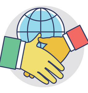两个人握手地球在背景下象征全球伙伴关系