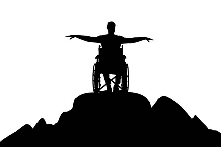 山上轮椅上的快乐残疾人剪影矢量