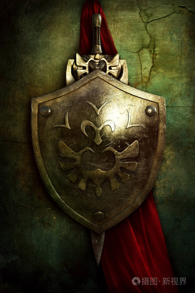 中世纪的幻想盾牌和剑在墙上