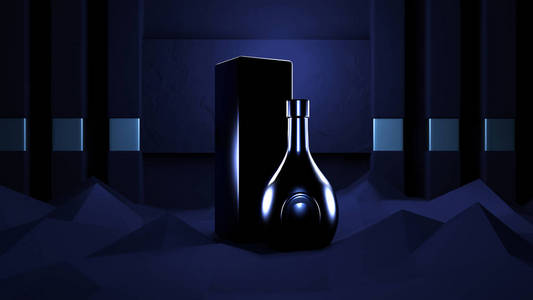 黑色的抽象背景与精英酒精。一瓶酒